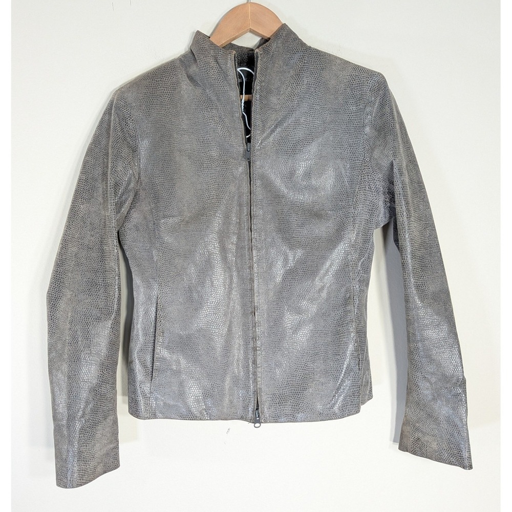 Express Y2K Gray Leather Jacket; Snakeskin Embossed Mock Neck Zip Up